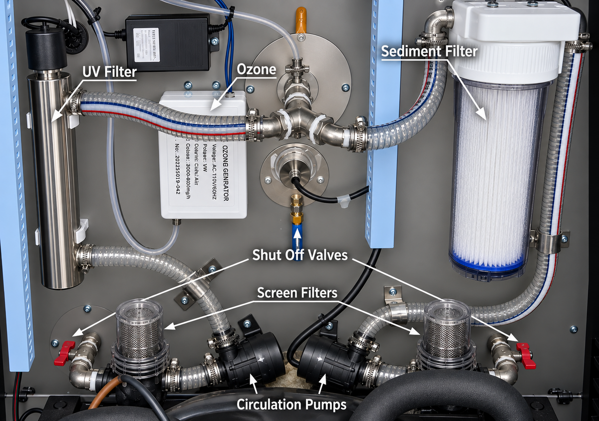 Commercial system with UV, ozone, filter, valves, hair screens and dual pumps